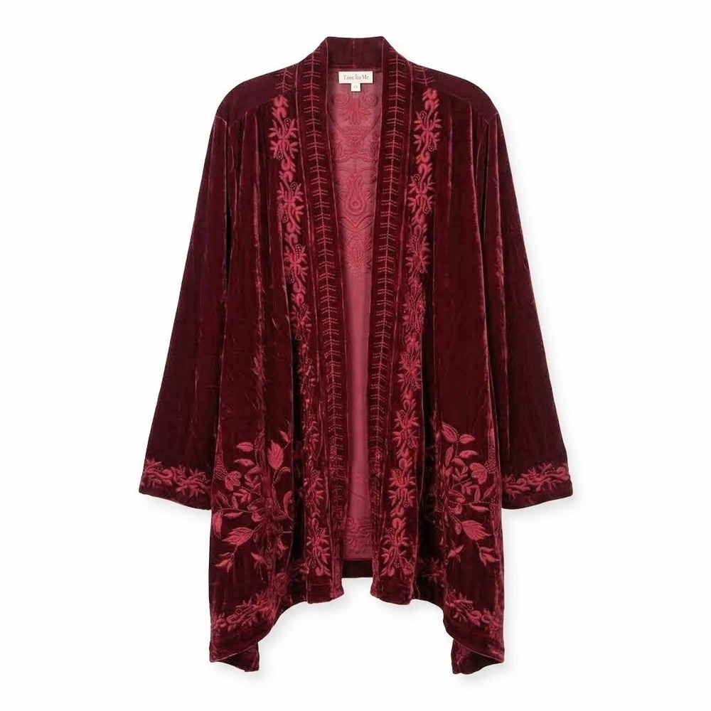 New Time for Me Kimono‎ Cardigan Women 2X Red Velvet Embroidered Open Front